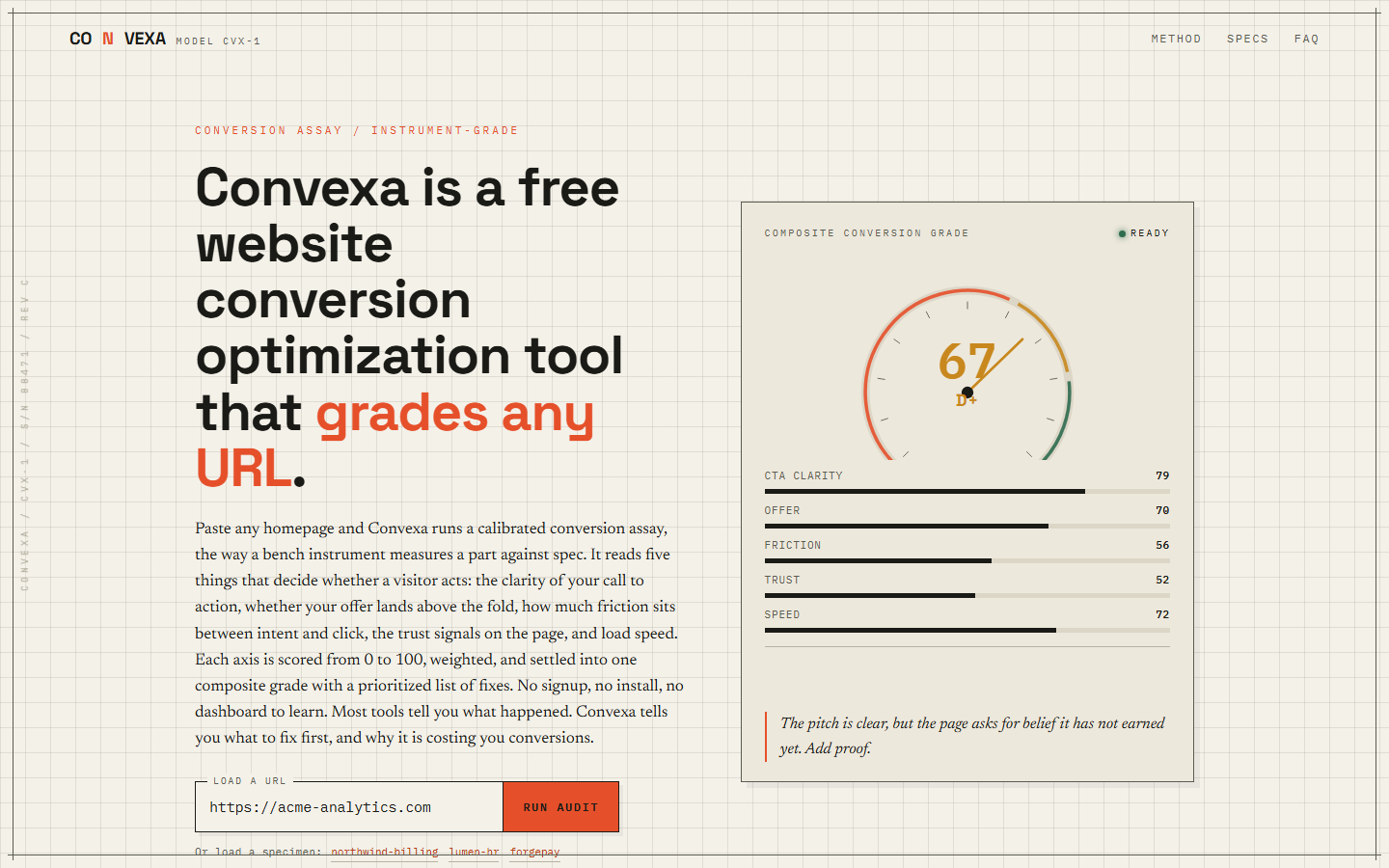 Convexa conversion grader shown as an analog instrument, a needle settling on a composite conversion score on warm graph paper