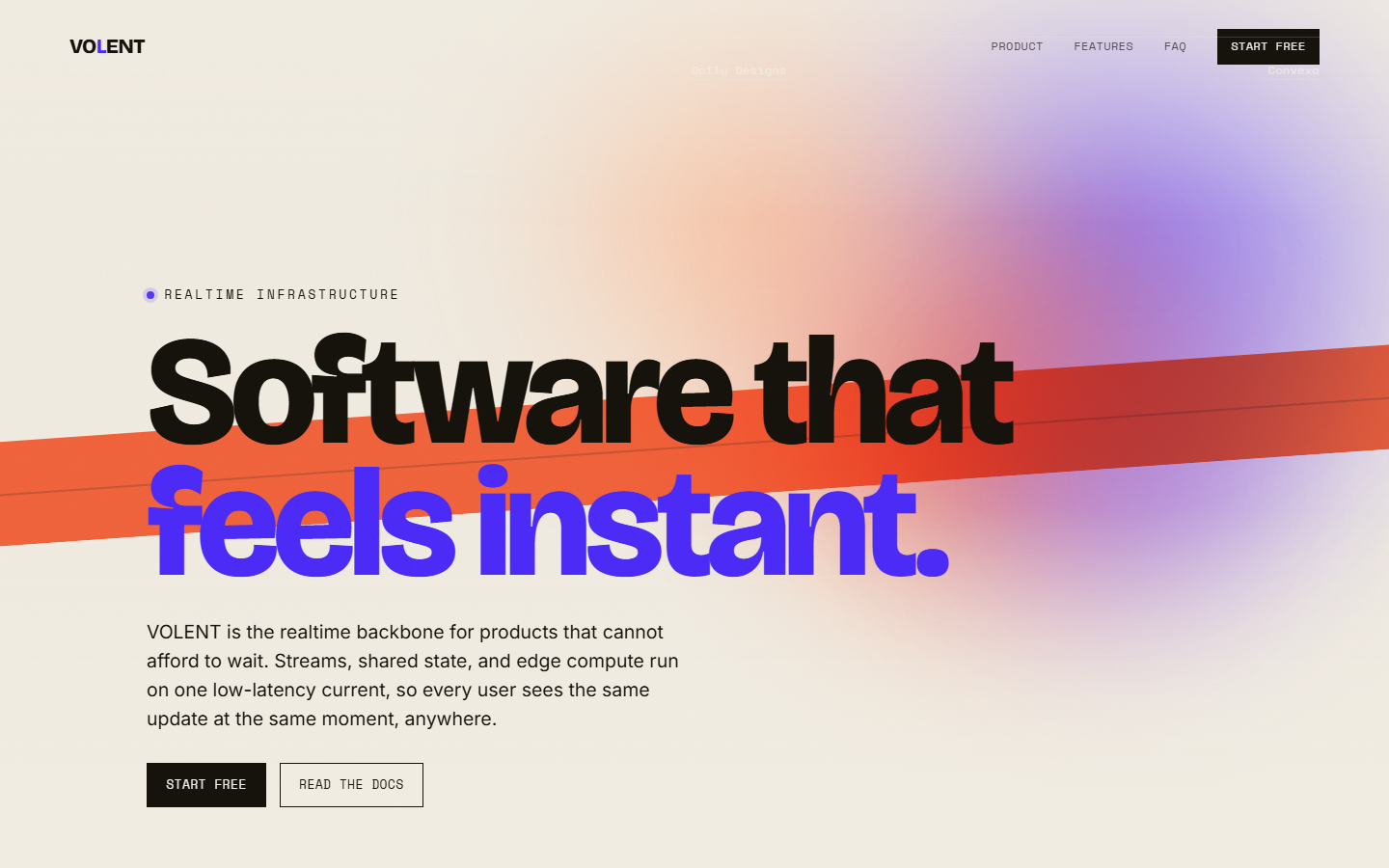 VOLENT realtime infrastructure landing page, white headline parting a glowing blue particle current on a near-black background